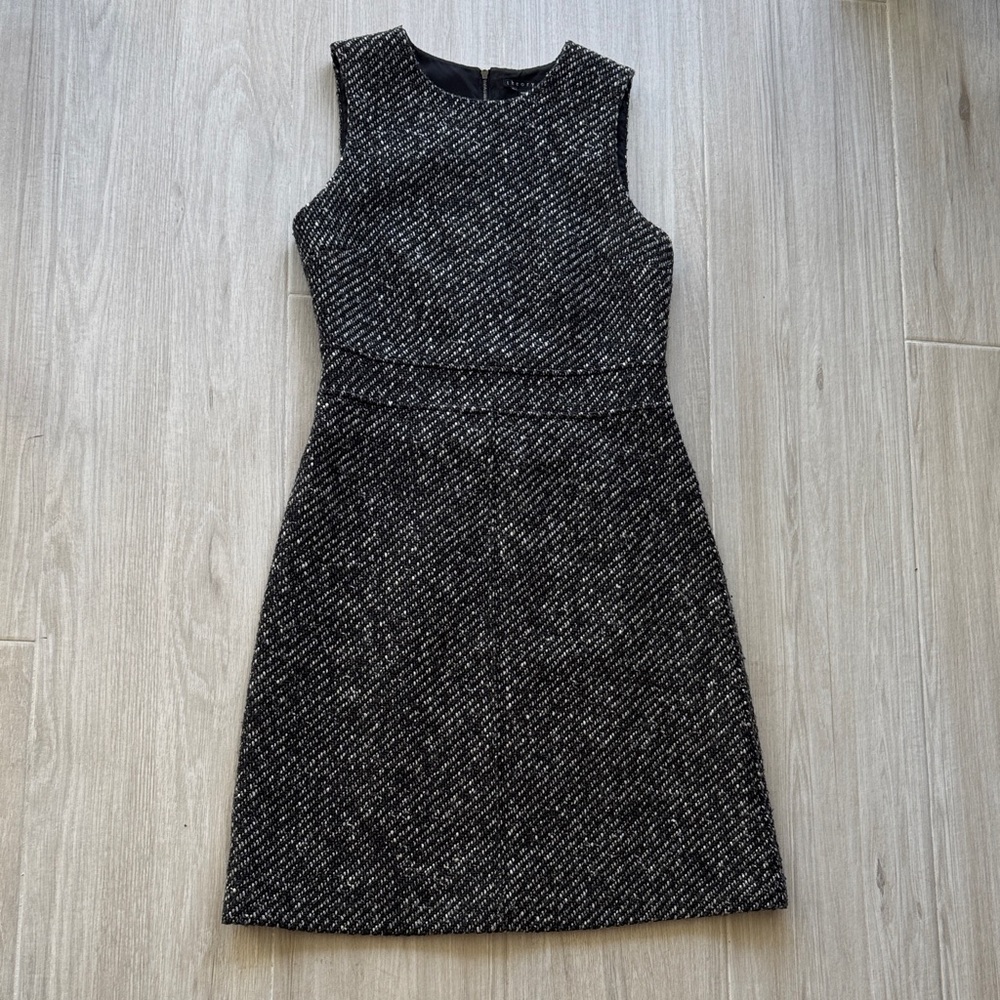 Theory Fit and Flare Elegant Black Grey and White Tweed Dress